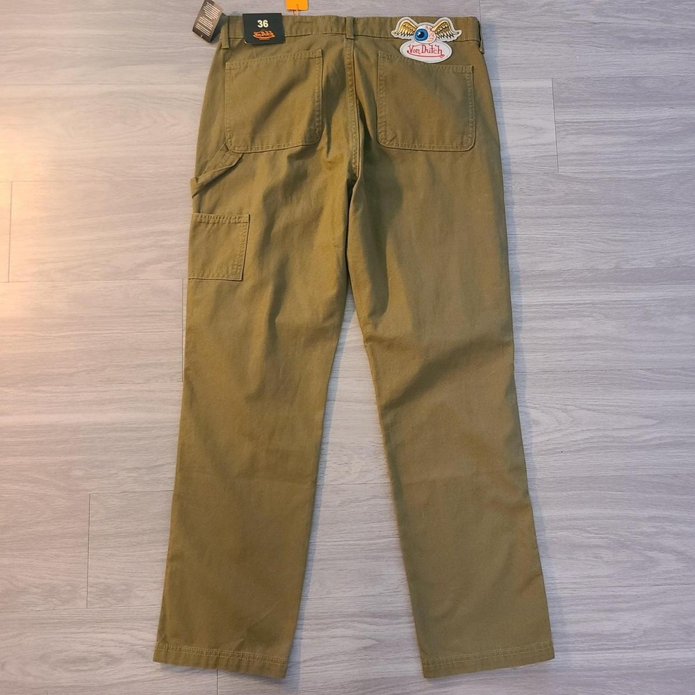 Von Dutch Men's 36x32 Double Knee Carpenter Jeans Spellout Logo Olive Green NWT - Picture 2 of 7